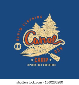 Canoe camp emblem for t-shirt. Graphic design on the theme of camping, tourism and active lifestyle. Color print on blue background