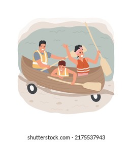 Canoe campground delivery isolated cartoon vector illustration. Family sitting in canoe holding paddle, trailer with kayaks near lake, campground delivery renting service vector cartoon.