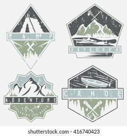 canoe, camping and adventure vintage vector grunge labels set