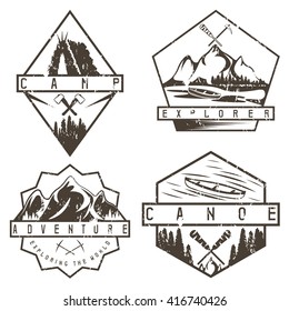 canoe, camping and adventure vintage vector grunge labels set