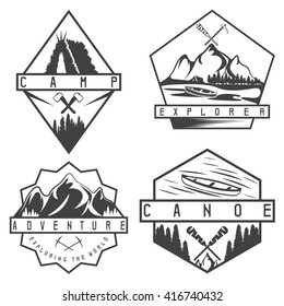 canoe, camping and adventure vintage vector labels set