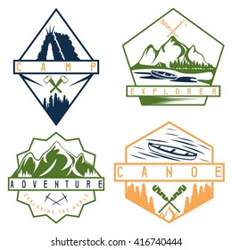 canoe, camping and adventure vintage vector labels set