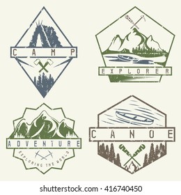 canoe, camping and adventure vintage vector grunge labels set