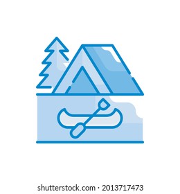 Canoe Camping vector blue colours icon style illustration. EPS 10 file 