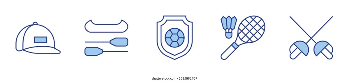 canoe, cap, soccer, fencing, badminton. Sports Icon vector illustration. Line Duotone style. Editable stroke.