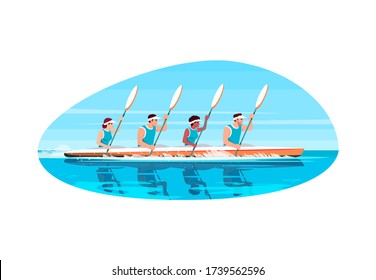 Canoe competition semi flat vector illustration. Multinational cooperation to win extreme sport game. Man and woman with paddle in boat. Athlete 2D cartoon characters for commercial use