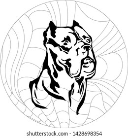 Canoe Corso dog, black, surrounded by an ornament. Zenart. Anti stress coloring.
