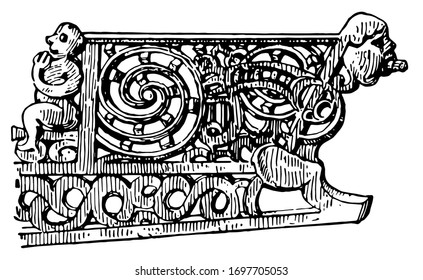 Canoe Detail of wood carving on cano, vintage engraving.