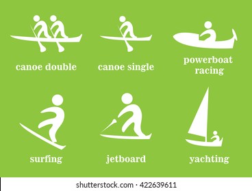 canoe double, canoe single, powerboat racing, surfing, jetboard, yachting, sport icons