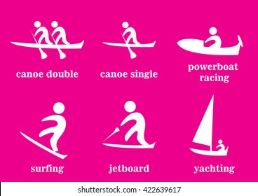 canoe double, canoe single, powerboat racing, surfing, jetboard, yachting, sport icons