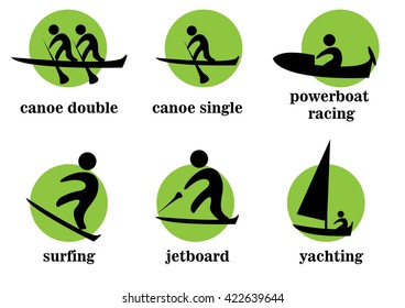 canoe double, canoe single, powerboat racing, surfing, jetboard, yachting, sport icons