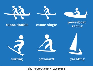 canoe double, canoe single, powerboat racing, surfing, jetboard, yachting, sport icons