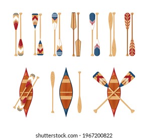 Canoe equipment icons isolated on a white background. Kayak with colored paddles. Vector illustration in flat style.