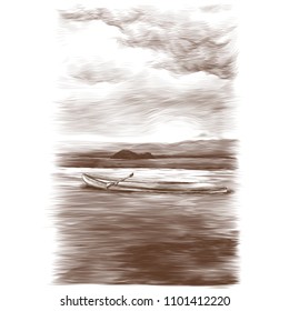 canoe floating on water on sea and small island background in the distance, sketch vector graphics monochrome illustration