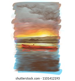 canoe floats on the water at sunset which is beautifully reflected in the water, sketch vector graphics color illustration