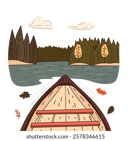 Canoe gliding through a peaceful autumn. Nature adventure for outdoor, travel, and relaxation themes.