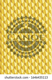 Canoe golden emblem or badge. Scales pattern. Vector Illustration. Detailed.