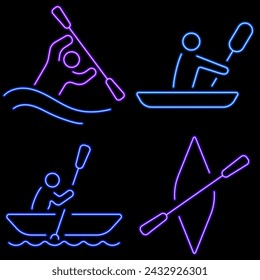 canoe group of neon icons, vector illustration, on black background.