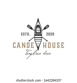 canoe and house illustration logo, has a vintage style