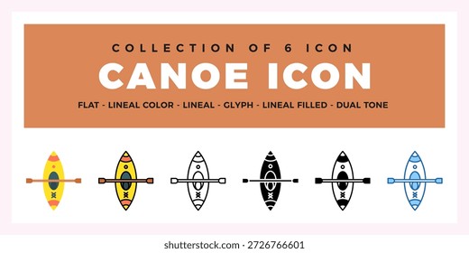 Coleção de Ícones de Canoagem. Plano. Lineal. Estilos de Glifos