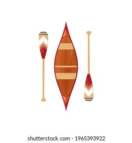 Canoe icon with decorative beavertail paddles isolated on a white background. Vector illustration in flat style.