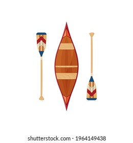Canoe icon with decorative square shaped paddles isolated on a white background. Vector illustration in flat style.