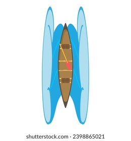 Icono de canoa vector isométrico. Larga barca de madera con un icono de remo y olas oceánicas. Barco de madera, transporte de deportes acuáticos, vista superior