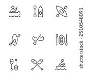 Canoe icon, rafting canoeing, Canoe, boats, oars, rowing vector set design with Editable Stroke. Line, Solid, Flat Line, thin style and Suitable for Web Page, Mobile App, UI, UX design.