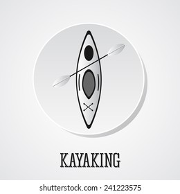 Canoe icon vector. Kayak illustration on a silver button. 