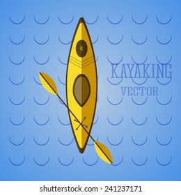 Canoe icon vector. Kayak on blue waves. Summer icon and badge. Camping illustration  