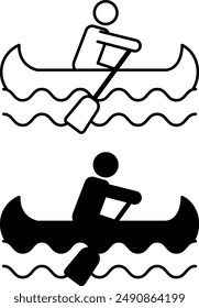 Iconos de canoa. Iconos vectoriales en blanco y negro del hombre en el barco. Kayak Deportes, Kayak. Concepto de Camping y Turismo