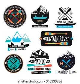 Canoe Journey logotype sign. Paddle boat axe sign. Expedition on a mountain river sign. Kayak and canoe sign logo. To travel by boat in the mountains. National Park, mountain lake, outdoor logos.