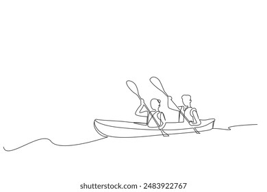 canoe kayak boat athlete people together activity one line art design vector