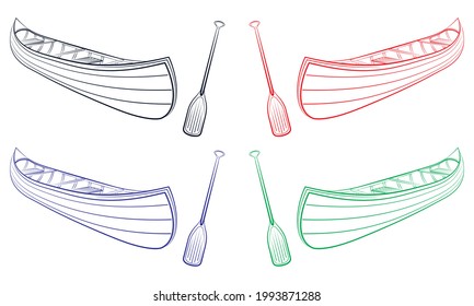 Canoe Or Kayak Boat Vector Outline Illustration. Canoe With Paddle Isolated on A White Background
