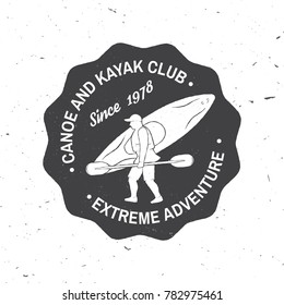 Canoe and kayak club badge. Vector illustration. Concept for shirt, print, stamp or tee. Vintage typography design with kayaker silhouette. Extreme water sport.