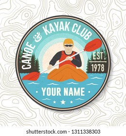 Canoe and kayak Club patch. Vector. Concept for shirt, print, stamp or tee. Vintage typography design with kayaker silhouette. Extreme water sport. Outdoor adventure emblems, kayak patches.