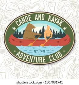 Canoe and Kayak club. Vector. Concept for shirt, print, stamp or tee. Vintage typography design with kayaker and bear silhouette. Extreme water sport. Outdoor adventure emblems, kayak patches.