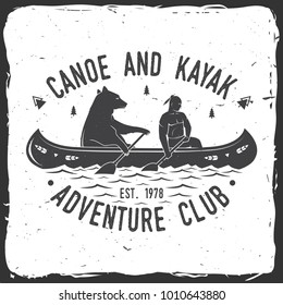 Canoe and Kayak club. Vector illustration. Concept for shirt, print, stamp or tee. Vintage typography design with kayaker and bear silhouette. Extreme water sport.