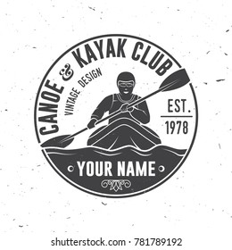 Canoe and kayak Club. Vector illustration. Concept for shirt, print, stamp or tee. Vintage typography design with kayaker silhouette. Extreme sport.
