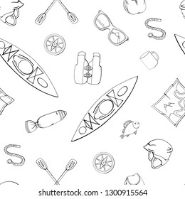 Canoe, Kayak and fishing Club seamless pattern. Vector illustration. Concept for shirt, print, stamp, badge or tee. Vintage typography design with kayaker and fisher contours. Water Extreme sport  - Powered by Shutterstock - Get 15% off with code: PIKWIZARD15