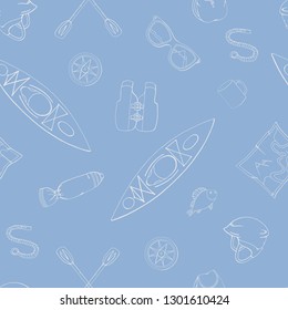 Canoe, Kayak and fishing Club seamless pattern. Vector illustration. Concept for shirt, print, stamp, badge or tee. Vintage typography design with kayaker and fisher contours. Water Extreme sport 