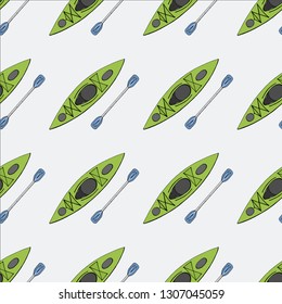 Canoe, Kayak and fishing Club seamless pattern. Vector illustration. Concept for shirt, print, stamp, badge or tee. Vintage typography design with kayaker and fisher contours. Water Extreme sport 