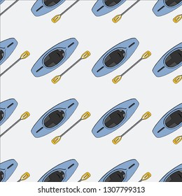 Canoe, Kayak and fishing Club seamless pattern. Vector illustration. Concept for shirt, print, stamp, badge or tee. Vintage typography design with kayaker and fisher contours. Water Extreme sport 