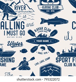 Canoe, Kayak and fishing Club seamless pattern. Vector illustration. Concept for shirt, print, stamp, badge or tee. Vintage typography design with kayaker and fisher silhouette. Water Extreme sport.