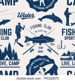 Canoe, Kayak and fishing Club seamless pattern. Vector illustration. Concept for shirt, print, stamp, badge or tee. Vintage typography design with kayaker and fisher silhouette. Water Extreme sport