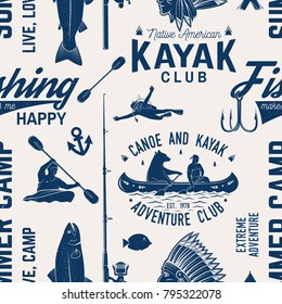 Canoe, Kayak and fishing Club seamless pattern. Vector illustration. Concept for shirt, print, stamp, badge or tee. Vintage typography design with kayaker and fisher silhouette. Water Extreme sport.