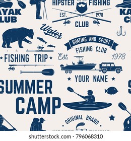 Canoe, Kayak and fishing Club seamless pattern. Vector illustration. Concept for shirt, print, stamp, badge or tee. Vintage typography design with kayaker and fisher silhouette. Water Extreme sport.