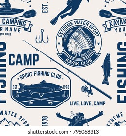 Canoe, Kayak and fishing Club seamless pattern. Vector illustration. Concept for shirt, print, stamp, badge or tee. Vintage typography design with kayaker and fisher silhouette. Water Extreme sport.