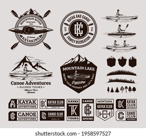 Canoe and kayak logo, badges and design elements. Water sport, recreation, canoeing and kayaking design concepts