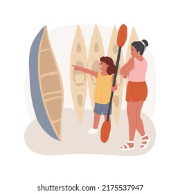 Canoe and kayak renting store isolated cartoon vector illustration. Kayak renting service, family vacation on a river, kids holding paddle, canoe store, boat rental, recreation vector cartoon.